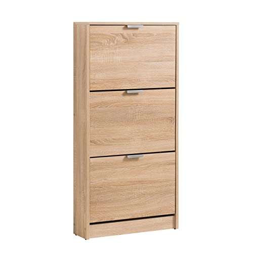 Homestyle4u 2165, Schuhschrank Schmal Braun Schuhregal hoch Schuhkipper Holz Schuhkommode Flur 3 Fächer 58 cm breit