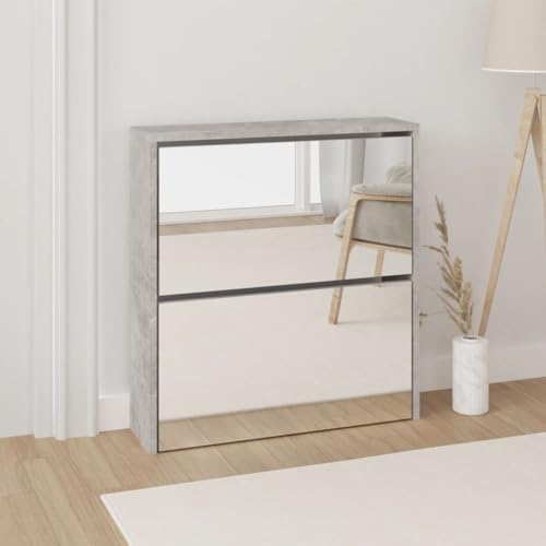 CIADAZ Schuhschrank mit Spiegel 2 Fächer Betongrau 63x17x67 cm, Schuhorganizer, Flurgarderobe, Shoe Cabinet, Schuh Schrank, Flurschrank, Schuhkipper, Schuhaufbewahrung