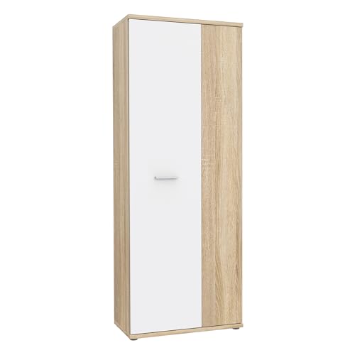 FORTE NET106 Schrank 70, Schuhschrank, Garderobenschrank, Abstellraum, Drehtürenschrank, 2-türig mit Einlegeböden, Weiß mit Holzdekor: Sonoma Eiche, 69 cm breit x 179 cm hoch x 35 cm tief