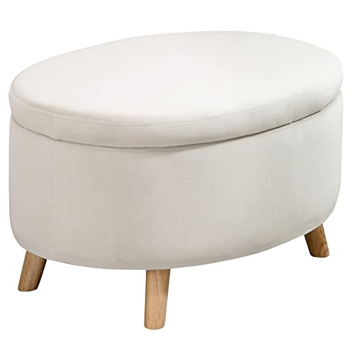 HOMCOM Sitzbank mit Stauraum, Oval Polsterbank mit Deckel, Bettbank mit Samtoptik, für Flur Schlafzimmer Wohnzimmer, Holzbeine 71 x 51,5 x 42 cm Beige