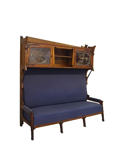 Sofa mit Aufsatzschrank Jugendstil Sitzbank für 3-4 Pers. antik Holz Eiche Blauer Bezug B: 202 cm -11156-