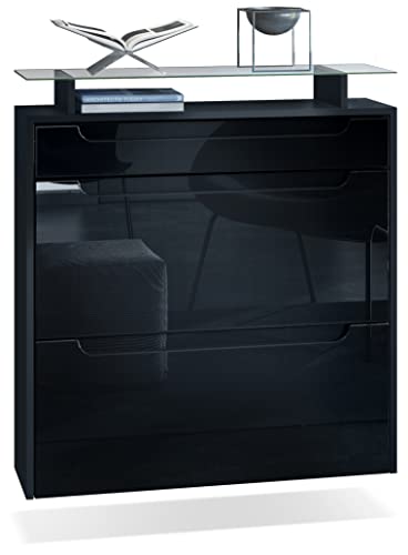 Vladon Schuhschrank Annie, Schuhkipper für 16 Paar Schuhe mit 2 Klappen, 1 Schublade und Glasablage, Schwarz matt/Schwarz Hochglanz, Griffmulden in Schwarz Hochglanz (89 x 95,5 x 23 cm)