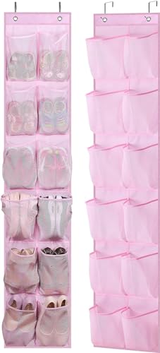 MISSLO Schuhregal für Kinder, zum Aufhängen an der Tür, schmal, mit 12 Netztaschen, für Mädchen, Damen, Herren, Kleinkinder, Kinderzimmer, 2 Packungen, Pink