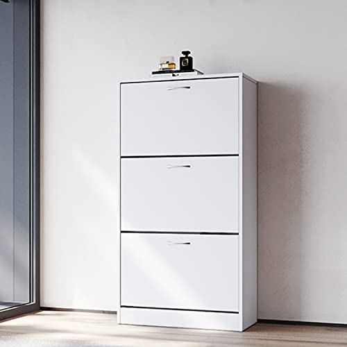 SONNI Schuhschrank Weiss Schmal, Tiefe 30 cm, mit 3 Klappen, mit 3 verstelbaren Einlegeböden, maximal 27 Paar Schuhe aufnehmbar, B63xT30xH120cm