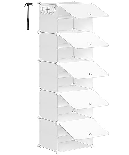 HOOBRO Schuhregal mit 10 Ebenen, Schmal Schuhschrank, Schuh-Organizer, mit Türen, Kunststoff, DIY Steckregal, für Eingang, Schlafzimmer, Flur, Weiß EWT11SC01G1