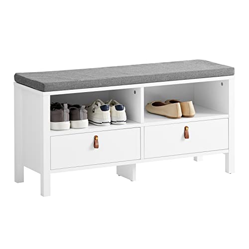 SoBuy FSR106-W Sitzbank mit Stauraum Sitzkommode Schuhbank mit 2 Schubladen Bettbank mit Sitzfläche Garderobenbank Belastbarkeit 150 kg Weiß BHT ca.: 90x46x30cm