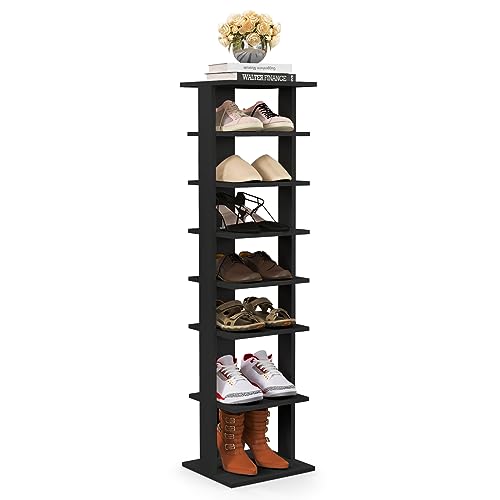 GIANTEX Schuhregal schmal und hoch, Schuhschrank Regal Holz 8 Ebenen, Schuhständer Schuhablage vertikal, Schuh-Organizer platzsparend, Holzregal Standregal Lagerregal Eckregal freistehend Schwarz