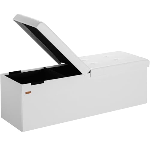 Casaria® Sitzbank mit Stauraum, Weiß - Faltbar, 115 x 40 x 40 cm, 130L Volumen, bis 300 kg belastbar, gepolstert, Leinen-Optik - Aufbewahrungsbox mit Deckel, Sitztruhe mit Stauraum, Polsterbank