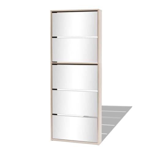 Hommdiy Schuhschrank mit Spiegel,Spiegelschuhschrank mit 5 Fächern Spiegel Eiche Ultradünner Schuhschrank, platzsparend 63x17x169,5 cm, Braun