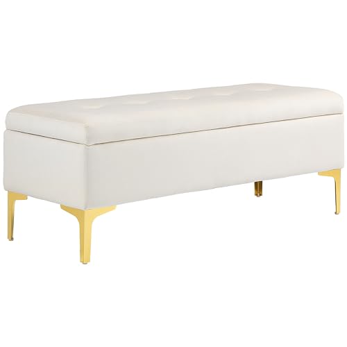 HOMCOM Sitzbank mit Stauraum, Polsterbank mit Samtoptik, Metallbeine, Bettbank für Wohnzimmer, Schlafzimmer, Flur, 120 x 44 x 44,5 cm, Beige