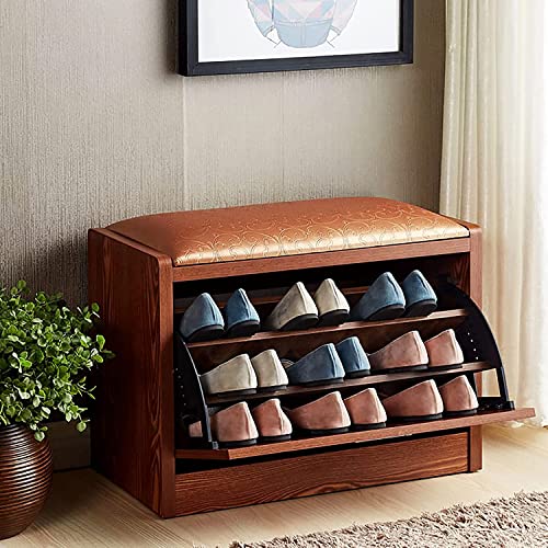 Schuhschrank Aus Massivem Holz Mit Versteckter Schublade,③-Dritter Eingang Schuhbank Schuhorganisator Aufbewahrung,Moderne Gepolsterte Aufbewahrungsbank Aus Kunstleder-Braun 55x45x