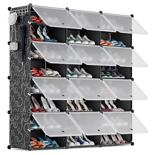 YIHATA Schuhregal für 48 Paar Schuhe Schuhschrank mit 3 x 8 Stufiger, Schmal, Staubdichter Kunststoff Schuhregale für Flur Schlafzimmer Eingang, mit Türen 30 x 40 x 30 cm pro Fach, Schwarz