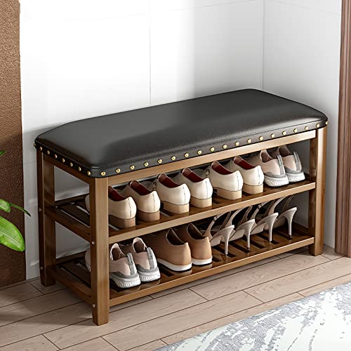 V&U 2-rang Schuhbank Schuh-Organizer GEPOLSTERTE Bank,Bambus Schuh-Rack Sitzbank,Rustikalen Entryway Bank Schuh Sitzbank Mit Stauraum Mit Leder Sitzgelegenheiten-Braun 80x29x49cm(31x11x19inch)