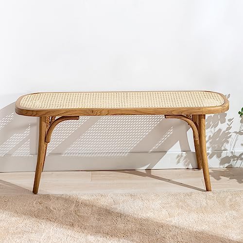 Wahson Esstischbank Rattan, Sitzbank Holz Esszimmerbank Atmungsaktive Eingangsbank Küchenbank abgerundete Rattanbank Natur für Esszimmer/Schlafzimmer/Balkon, 96.5cm