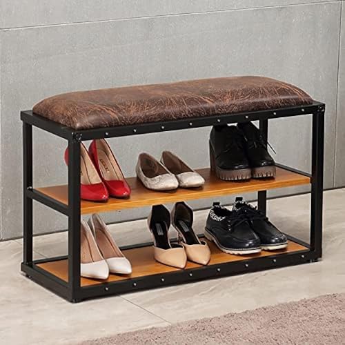 TUOYIBO Eingangsbank, Massivholz-Schuhschrank-Aufbewahrungsbank, Lederpolsterbank, antike Flurbank-Schuhbank,Braun,80x30x48cm(31x12x19inch)