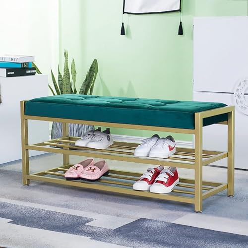 CATANK Eingangsbank Mit Goldenem Schuhregal,Moderne Schuhbank Schuhorganizer Samt Sitzbank,Schuhregal Bank Schuhbank Für Den Eingang-Grün 100x35x45cm(39x14x18inch)