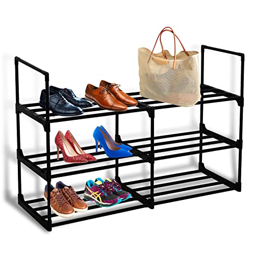 AISIR Schuhregal Shoe Rack mit 3 Ebenen, Schuhregal Metall, Schuhaufbewahrung Schwarz Stapelbar und Langlebig, Einfache Montage Kein Werkzeug Erforderlich, für bis zu 12 Paar Schuhe 90 x 28 x 55 cm