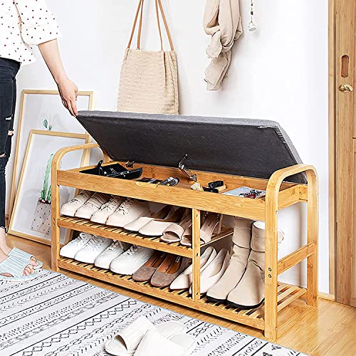 Rustikale Aufbewahrungsbank Flur Schuh Organizer Aufbewahrung,Leinen Gepolsterte Eingangsbereich Schuhbank Sitz,Bambus Schuhregal Bank Mit Verstecktem Stauraum-Original 100x50x33cm