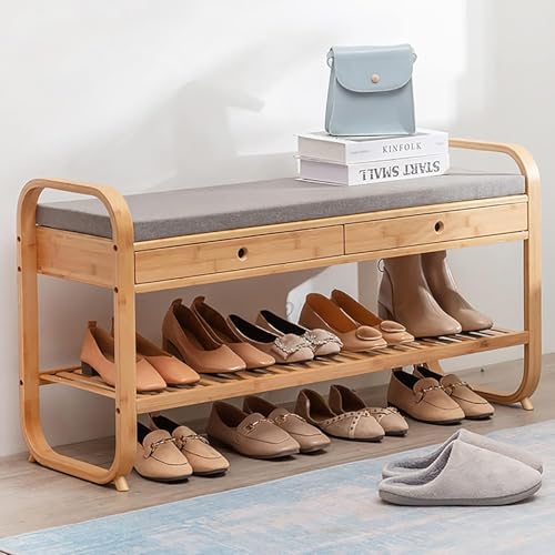 Schuhbank mit Ottomane, Aufbewahrungsbänke, Bambus-Schuhbank mit Kissen und Schublade, Schuhregal aus Naturholz, freistehende Schuhbank, Schuh-Organizer für Eingangsbereich, Wohnzi