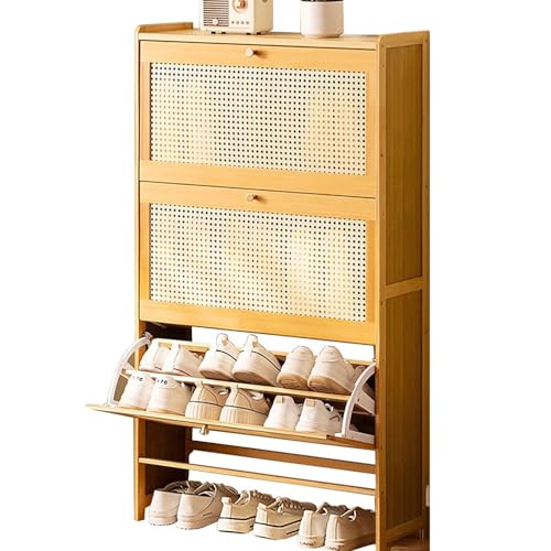 LONEU Rattan-Schrank Schuhkipper mit 3 Klappen Schuhschrank, Schmal Schuhregal Schmaler Schuhregal-Organizer Freistehender aus Holz für Eingangsbereich, Flur, Schlafzimmer(Color:B,Size:70X22.5X120CM)