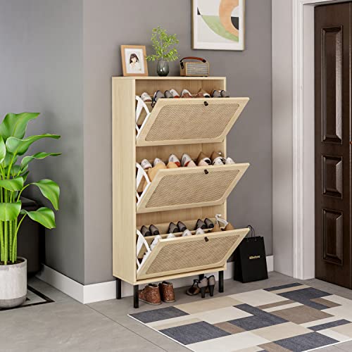 HAINEW Landhausstil Schuhschrank Schuhkipper mit 3 Rattan Klappen für 9-18 Paar Schuhe, Holz Schmales Schuhregal Schuhkommode Schuhschränke für Flur, Wohnzimmer, 60×23,5×124cm (Holzfarbe)