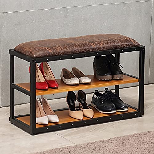 ASHILD Eingangsbank, Massivholz-Schuhschrank-Aufbewahrungsbank, Lederpolsterbank, antike Flurbank-Schuhbank,Braun,80x30x48cm(31x12x19inch)