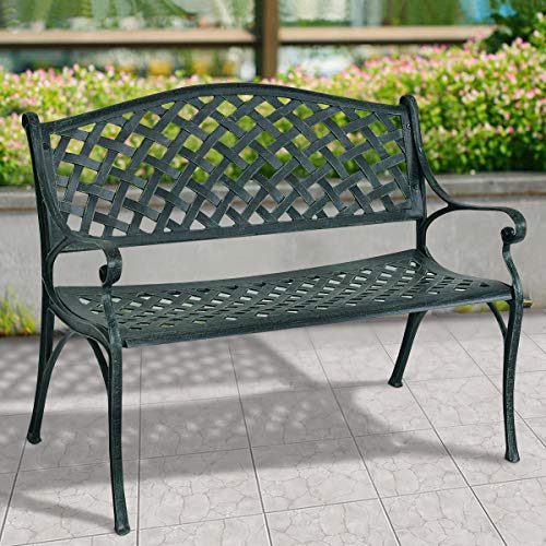 GIANTEX Gartenbank Metall wetterfest, Parkbank Sitzbank 2 Sitzer, Eisenbank bis 210 kg belastbar, Terrassenbank mit Rücken- & Armlehnen, Sitzbank für Garten Balkon Terrasse, 103x55x82cm, antikes Grün