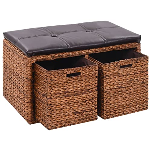 homiuse Sitzbank 71x40x42 cm mit 2 Körben und Gepolsterter Sitz Sitzhocker Hocker Bank Aufbewahrungsbox Aufbewarhungsbank Ablagebank Deko Wohnzimmer Schlafzimmer Seegras Kunstleder Braun