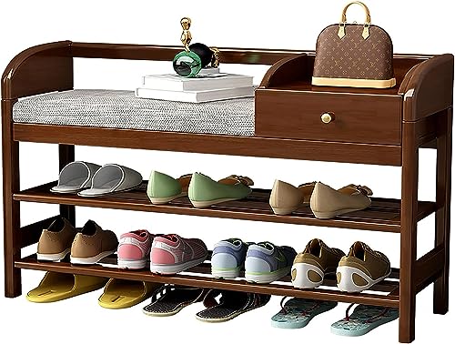 CATANK Schuhbank, 3-stufige Schuhregalbank mit herausnehmbaren Stoffschubladen, 80/100 * 32 * 58,5 cm, stabiles Schuhregal, massiv, Holz, perfekt für Eingangsbereich, Wohnzimmer, Flur, Sc