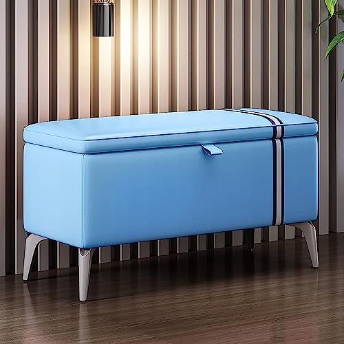 Moderne Sitzbank aus Leder mit Aufbewahrung, rechteckig, Schuhbank mit gepolstertem Sitz, Aufbewahrungsbox aus massivem Holz, Multifunktions-Aufbewahrungsbank-Blau 80x35x45cm(31x14