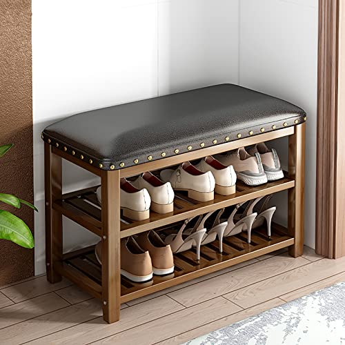 Bambus Schuh-Rack Sitzbank,Rustikalen Entryway Bank Schuh Sitzbank Mit Stauraum Mit Leder Sitzgelegenheiten,2-rang Schuhbank Schuh-Organizer GEPOLSTERTE Bank-Braun 60x29x49cm(24x11x19inch)