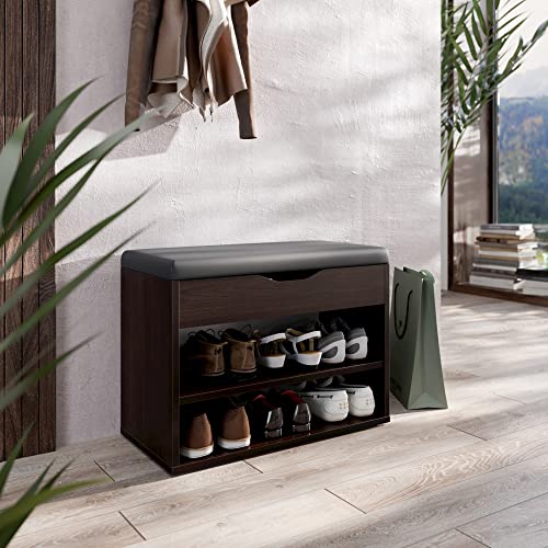 RICOO Schuhbank mit Sitzfläche & Stauraum Aufklappbar 60x42x30cm Dunkelbraun Pressholz, Schuhregal WM032-EB-A Schuhschrank mit Sitzbank Flur Bank Schuhablage Garderobenbank Sitzbänke & Truhen