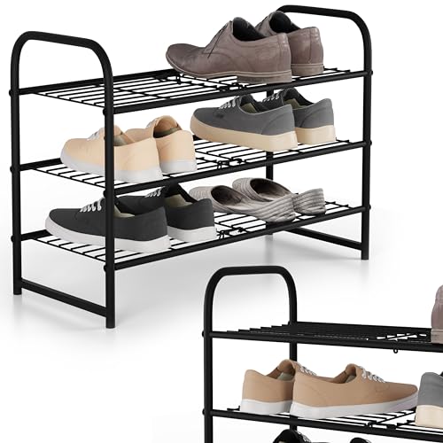 Lenmar, SHM 3, Schuhregal mit 3 Ebenen, Schuhschrank, Schuhaufbewahrung, Schuh-Organizer für 6-9 Paar, Metall, schmal, Ständer, schwarz, Schuhaufbewahrung, Wohnzimmer, Schlafzimmer