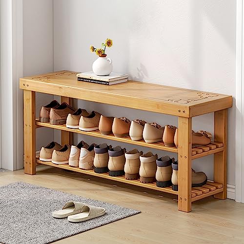 ZYFAB Bambus Schuhregalbank, 3-stöckig Schuhregal für den Eingangsbereich Holz Sitzbank Schuhschrank Organizer für Flur Schlafzimmer und Eingangsbereich,B,90CM