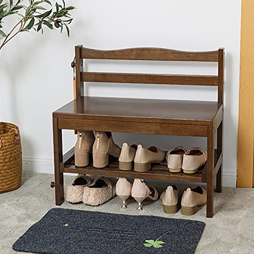 DAMOIFFP Aufbewahrungsbank aus massivem Holz mit Rückenlehne, antike Schuhbank mit Haken, rustikal ②, drittes Schuhregal, Sitz, Schuh-Organizer für Schlafzimmer, Wohnzimmer, Flur, Walnuss,