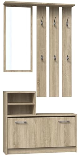 BDW SCHUHSCHRANK-Set, Kleiderbügel, Spiegel. Kleiderschrank-Set. Perfekt für die Halle, stylisch und modern, multifunktional. Abmessungen: 180x85x24cm (Sonoma-Eiche)