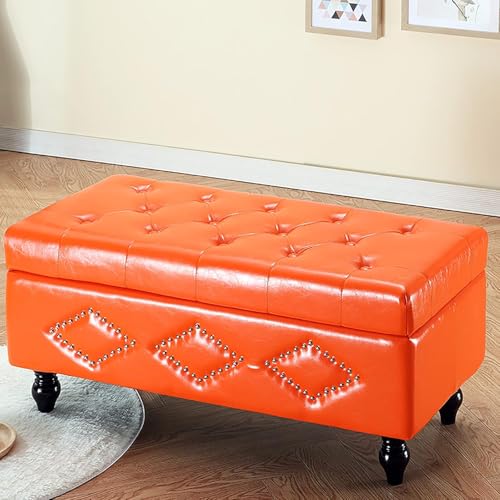 Hockerbank aus PU-Leder, rechteckige Aufbewahrungsbox aus massivem Holz, Schuhbank, modernes Zuhause, Wohnzimmer, Flur, Spielzeugkiste, Multifunktionsbank-Orange 60x42x45cm(24x17x1