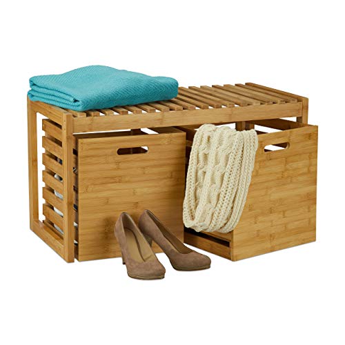 Relaxdays Sitzbank mit Stauraum, Bambus, 2 Aufbewahrungsboxen, Bank für Flur, Bad, Garderobe, HBT 44,5x80x40 cm, Natur