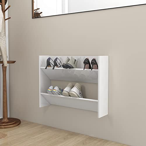 JUNZAI Wand-Schuhschrank, Schuhorganizer, Flurgarderobe, Shoe Cabinet, Schuh Schrank, Flurschrank, Schuhkipper, Schuhaufbewahrung, Hochglanz-Weiß 80x18x60 cm Spanplatte