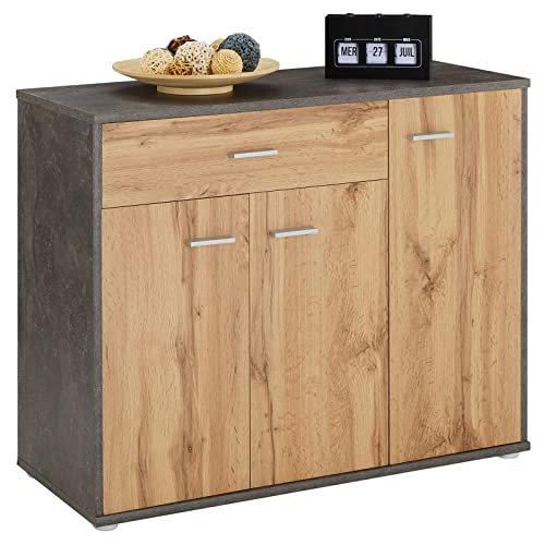 CARO-Möbel Schuhschrank DEUSTO 3 Türen 1 Schublade 7 Einlageböden für Flur und Eingangsbereich - Schuhregal geschlossen - Schuhaufbewahrung Sideboard betonoptik/Eiche