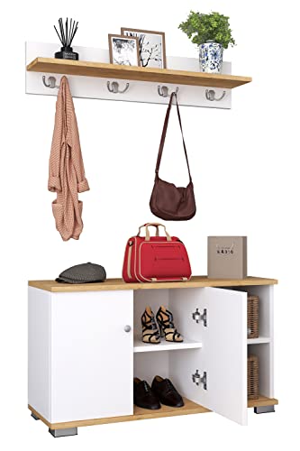 VCM 2-TLG. Holz Sitzbank Schuhschrank Schuhregal Garderobe Dielenmöbel Gados L Weiß/Honig-Eiche