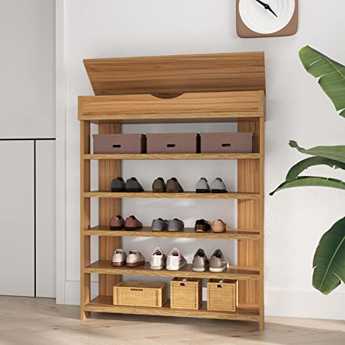 soges 5 Ebenen Schuhregal Schuhschrank Holz, 75 x 30 x 94,5 cm Schuhablage Schuhständer für Wohnzimmer, Diele, Flur, Teak