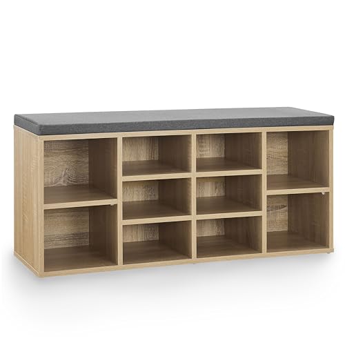 Juskys Schuhregal Holz mit Polsterung, Stoff & 10 Fächern höhenverstellbar 104x30x48 cm - Regal mit Sitzbank bis 150 kg - Holzoptik/Grau