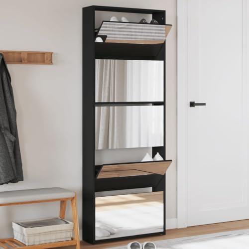 CIADAZ Schuhschrank mit Spiegel 5 Fächer Schwarz 63x17x169,5 cm, Schuhorganizer, Flurgarderobe, Shoe Cabinet, Schuh Schrank, Flurschrank, Schuhkipper, Schuhaufbewahrung - 3228280