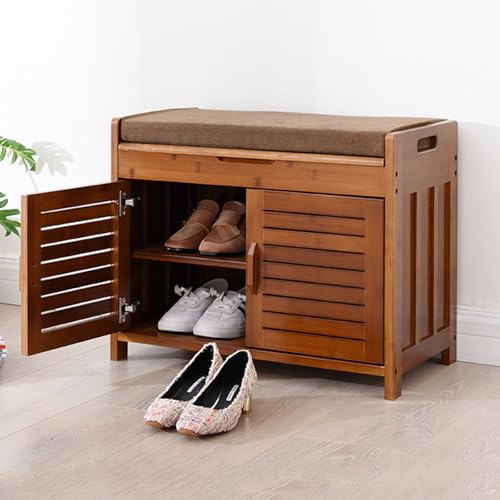 LONEU Schuh-Organizer Schrank and Regal Bambus Bank Kleine Schuhschrank mit Sitzbank Schuhregal mit Sitzfläche Bank mit Stauraum und Sitzkissen für Flur Zuhause Eingang(Size:60CM)