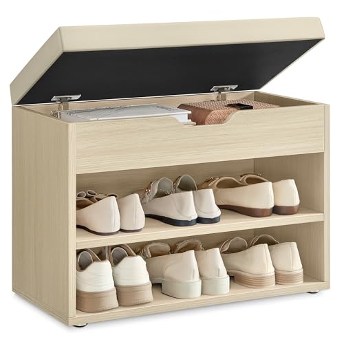 VASAGLE Schuhbank, Sitzbank, Schuhregal mit gepolstertem Kissen, Schuhorganizer mit 3 Ebenen, 30 x 60 x 44 cm, für Flur, Wohnzimmer und Schlafzimmer, naturbeige LHS020K01