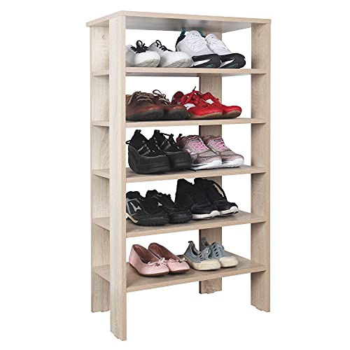 RICOO Schuhregal schmal und hoch 105x55x32cm Standregal Pressholz Eiche Sonoma Braun WM041-ES, Schuhständer mit 6 Ebenen, Schuhschrank offen, Schuhablagen Flur Rack, Schuhablage klein, Schuhregale