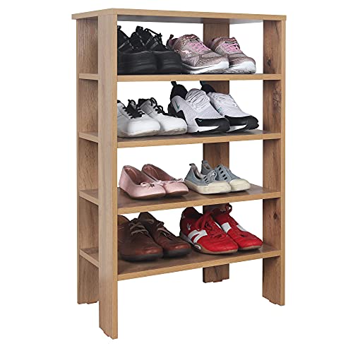 RICOO Schuhregal schmal und hoch 88x60x32cm Standregal Pressholz Eiche Braun WM040-EW, Schuhständer mit 4 Ebenen, Schuhschrank offen, Schuhablagen Flur Shoe Rack, Schuhablage klein, Schuhregale