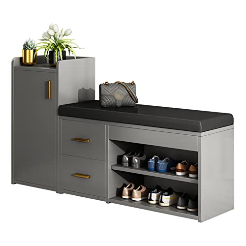 Schuhablage Graue Aufbewahrungsbank mit Tür, Regal und gepolstertem Sitzkissen, Schuhbank mit 2 Schubladen, Flur -Sideboard -Aufbewahrung, Schuhschrank, Bettbank for Eingang, Flur, Schlafzimmer Schuhs