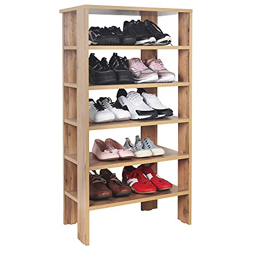 RICOO Schuhregal schmal und hoch 105x55x32cm Standregal Pressholz Eiche Braun WM041-EW, Schuhständer mit 6 Ebenen, Schuhschrank offen, Schuhablagen Flur Shoe Rack, Schuhablage klein, Schuhregale